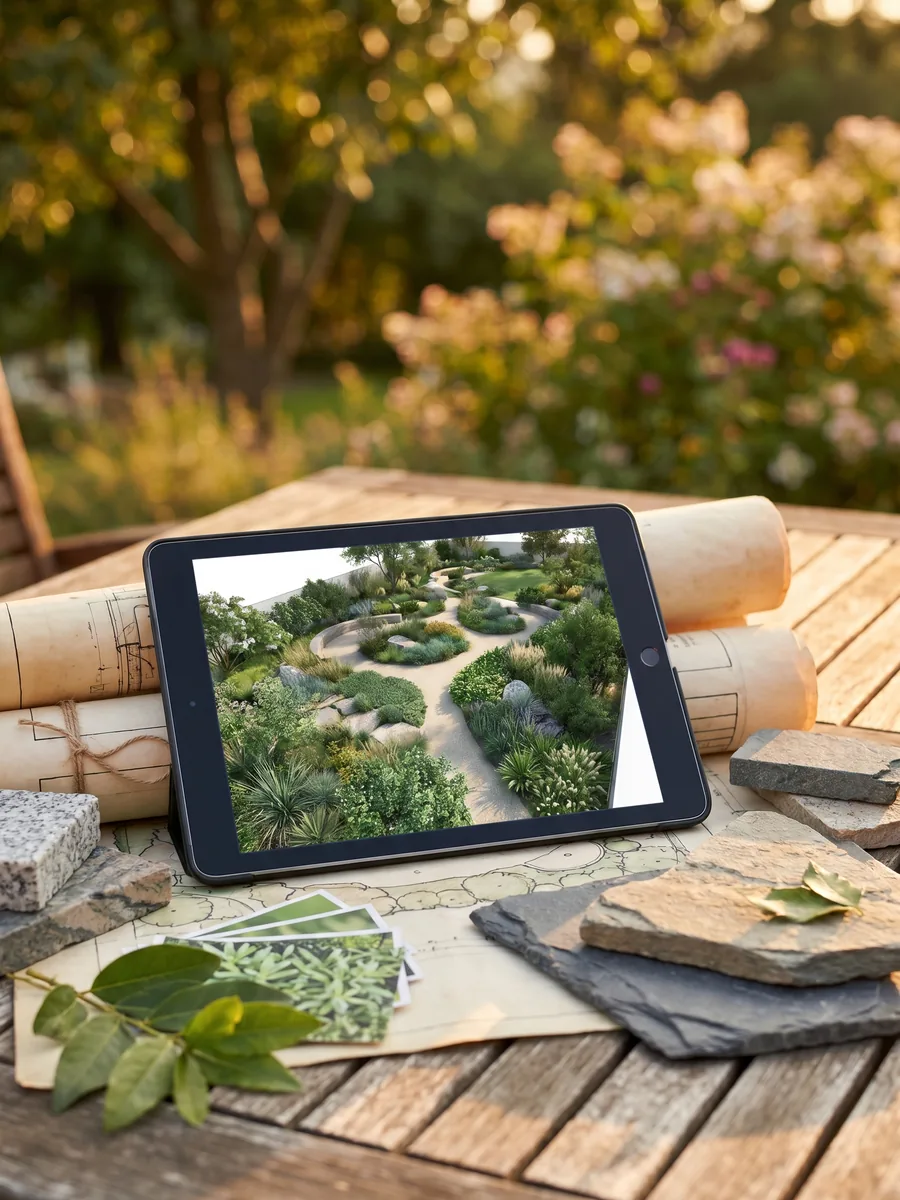 Tablet showing a 3D landscape rendering resting on rolled site plans with stone and plant samples