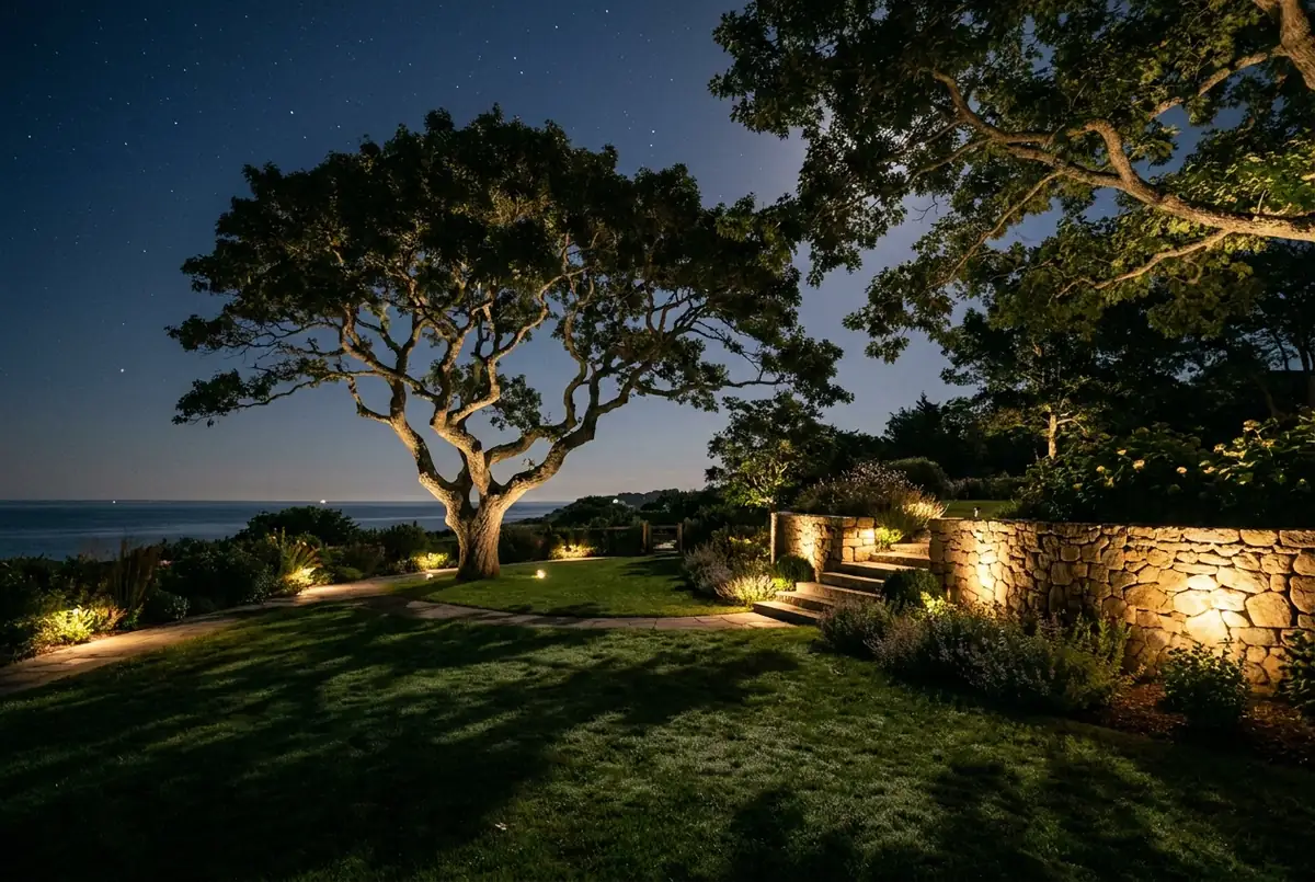 Uplighting and moonlighting layered across a Vineyard garden at night