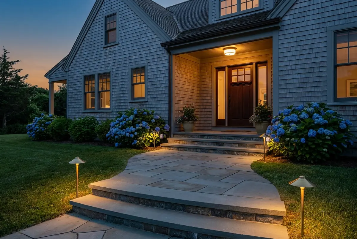 Softly lit bluestone walkway and steps at a Martha's Vineyard entry
