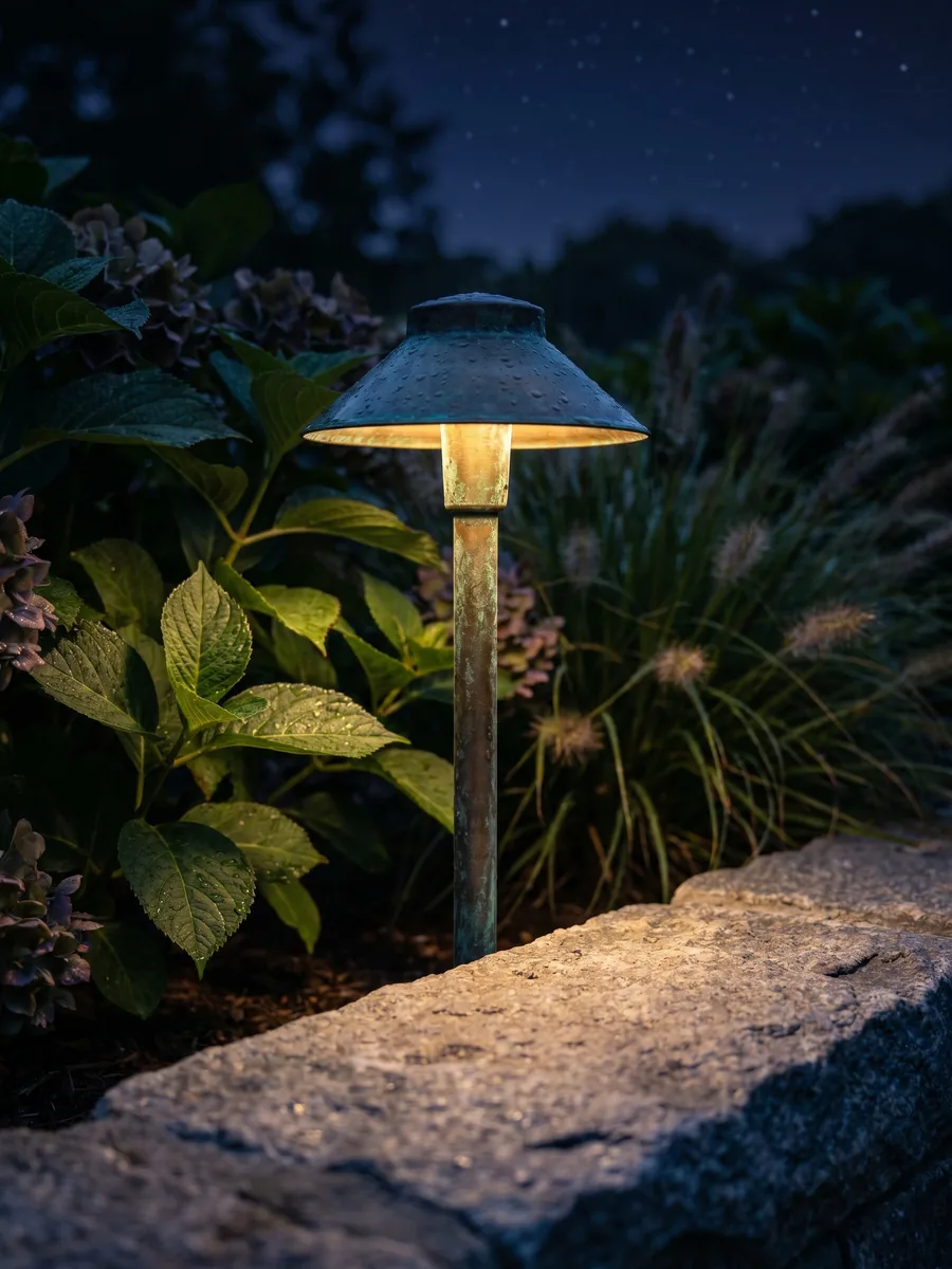 Shielded full-cutoff brass path light directing a warm 2700K glow downward with no upward glare