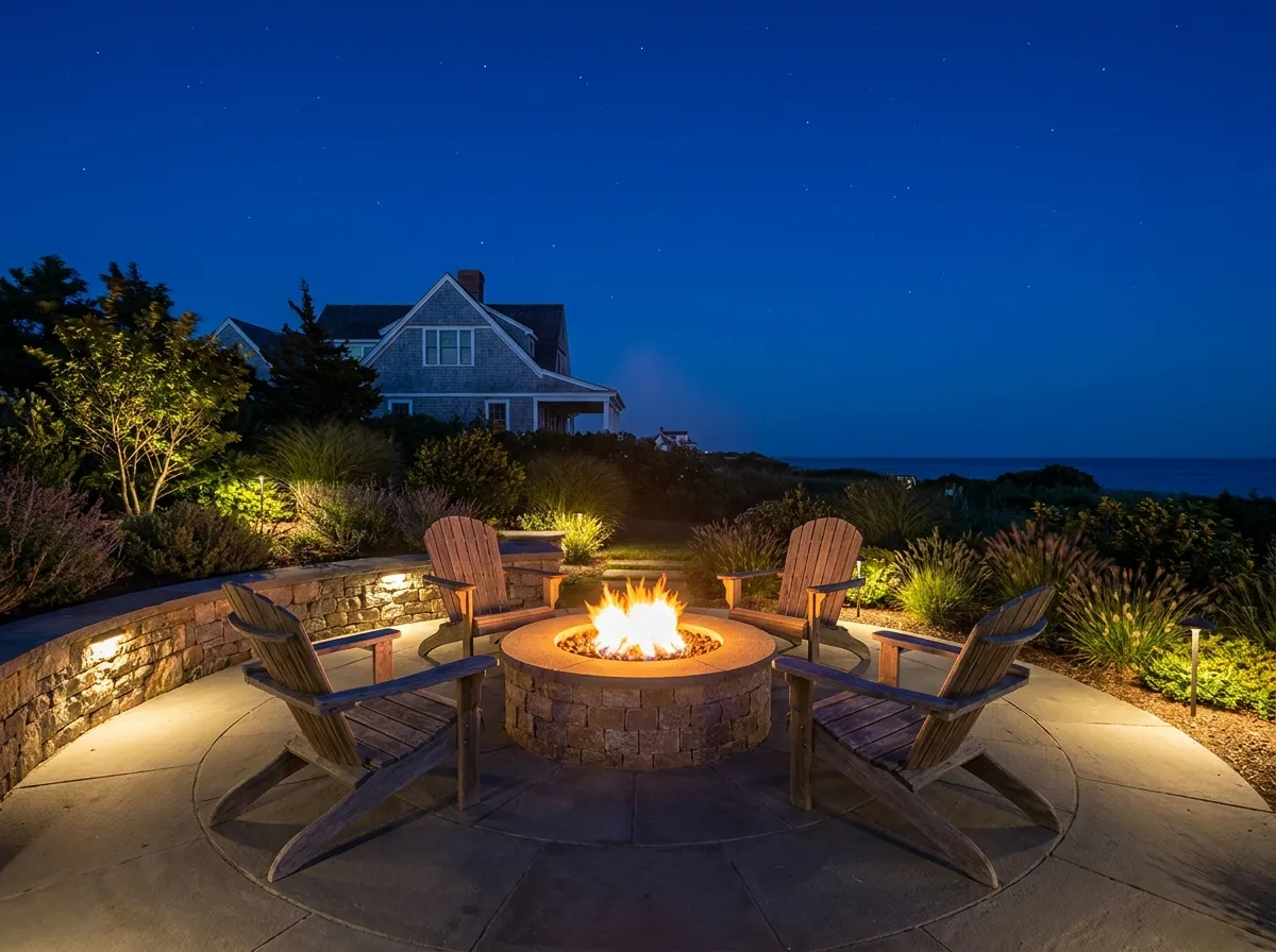 Bluestone patio and fire pit with subtle accent lighting under a starry night sky