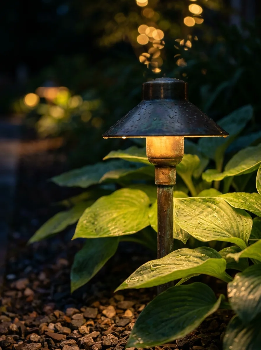 Solid brass path light fixture with warm LED glow among garden plantings at night
