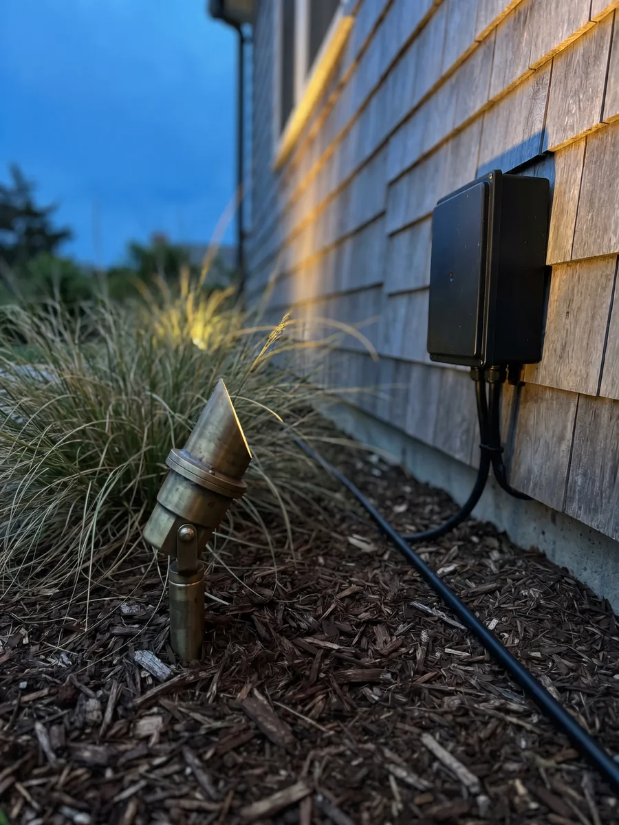 Brass directional uplight set in a garden bed with low-voltage cable run to a multi-zone transformer during installation
