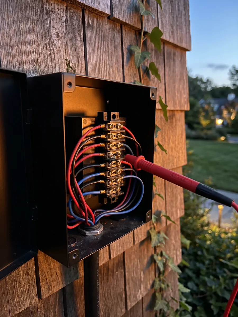 Opened low-voltage lighting transformer with neat multi-zone wiring being checked during a maintenance tune-up