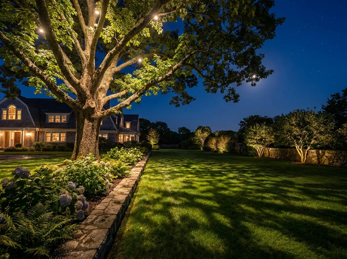 Soft downlights high in a tree canopy casting dappled moonlight shadows on a lawn