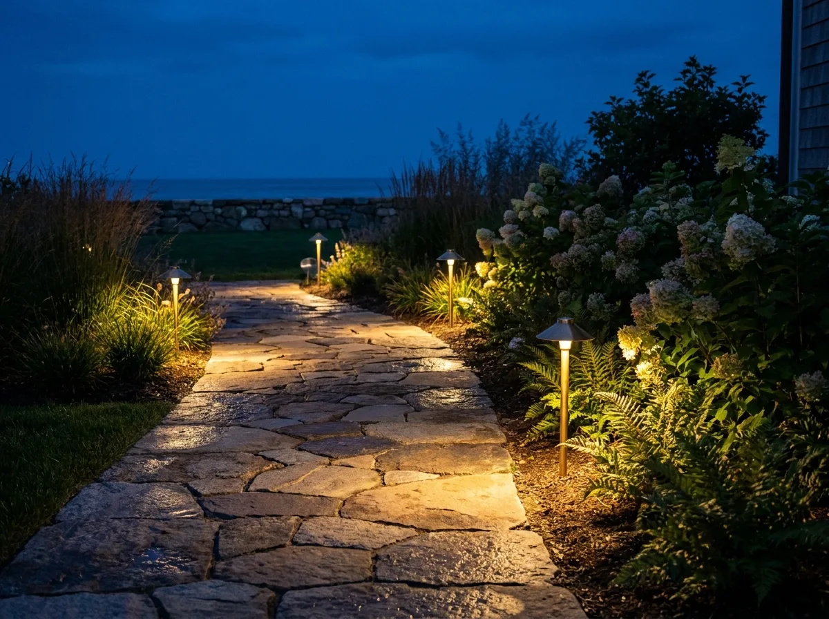 Brass path lights casting warm pools of light along a fieldstone walkway at night