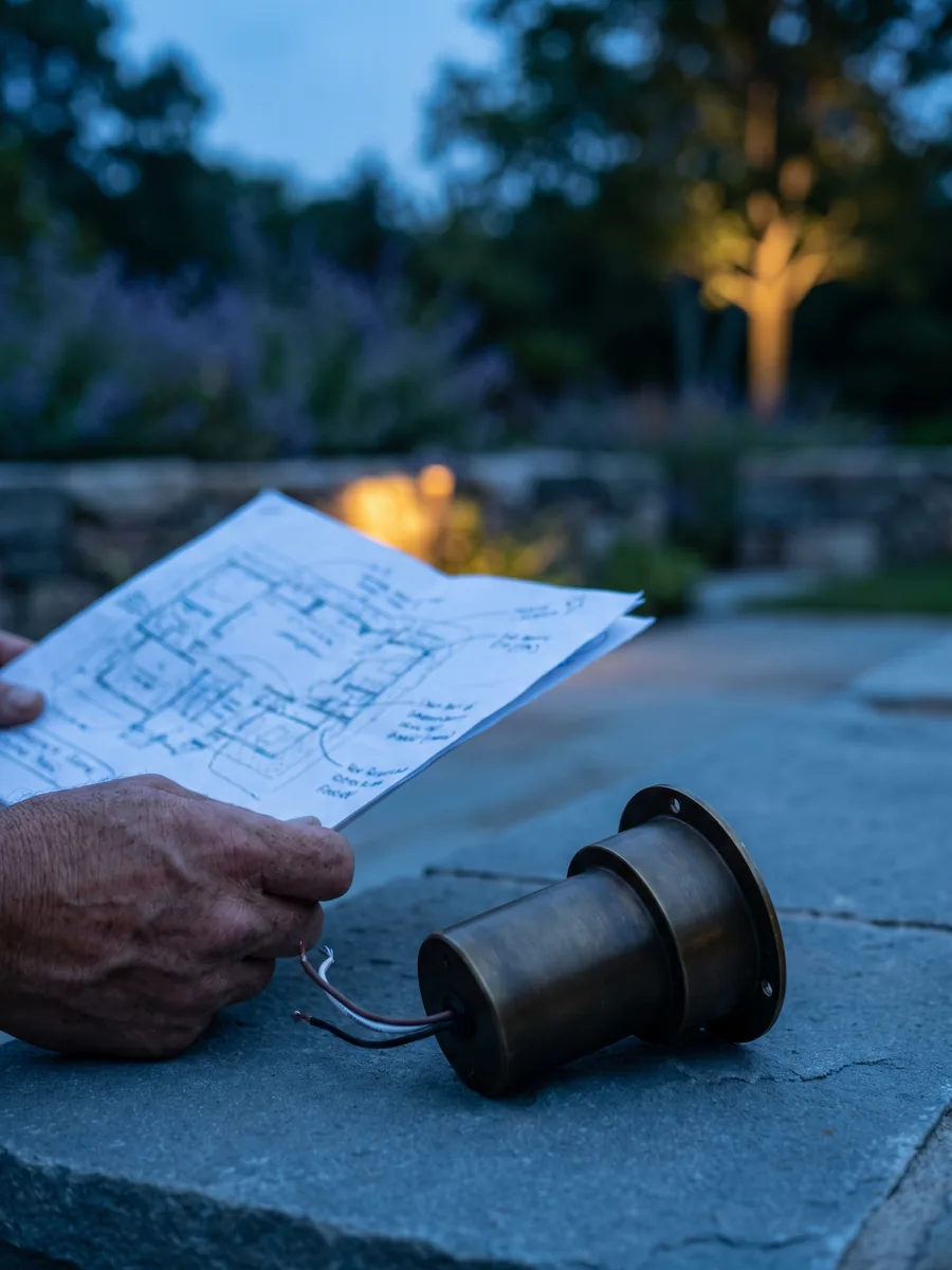 Final calibration of a landscape lighting system, a lighting plan and brass fixture being aimed at twilight
