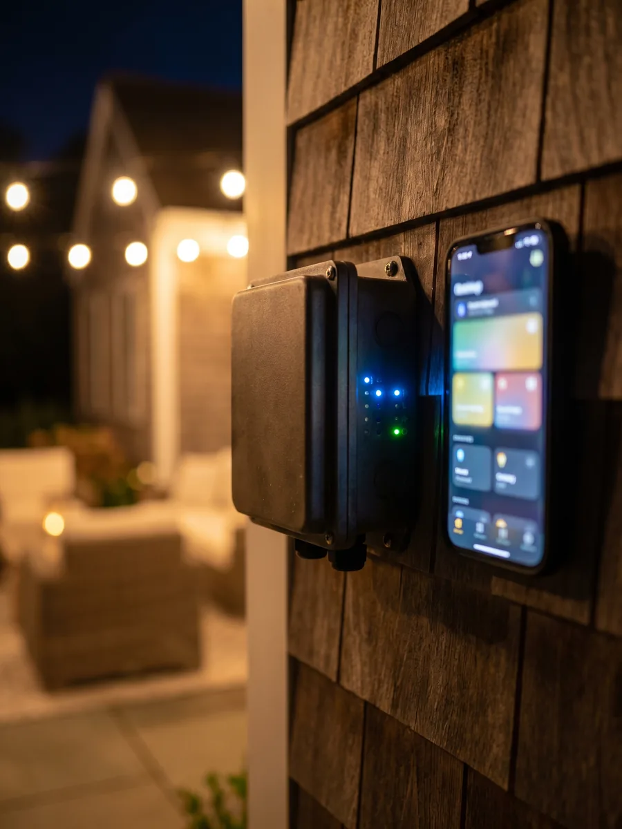 Wall-mounted smart low-voltage lighting controller with status indicators and a phone showing zone controls