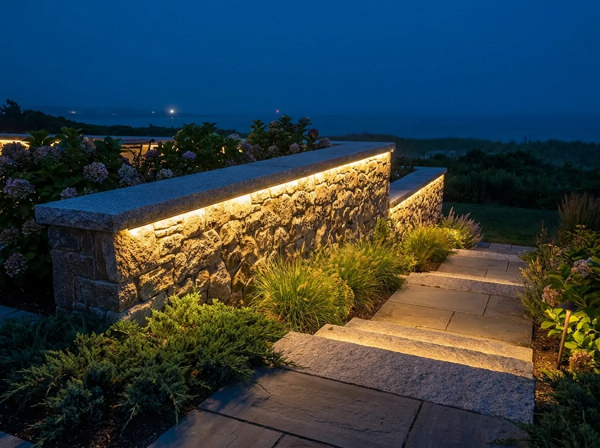 Stone retaining wall and steps washed with warm grazing light at night