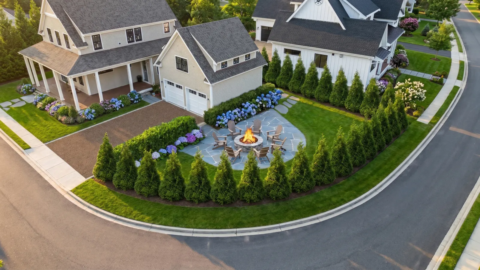 Finished landscape with Arborvitae perimeter and sod lawn