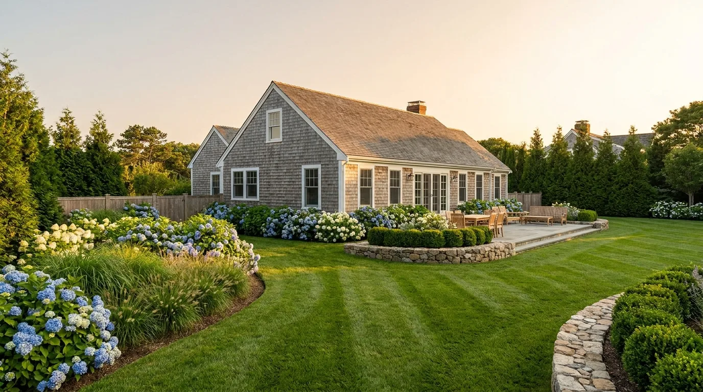 Designed coastal estate landscape with layered plantings and bluestone patio
