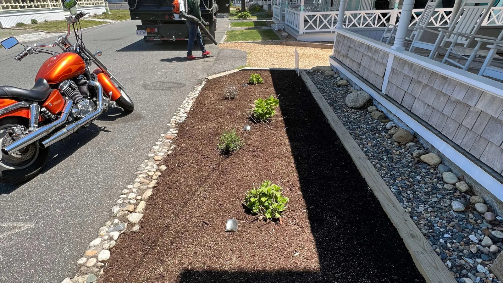 Fresh mulch and crisp bed edges along a Martha's Vineyard property
