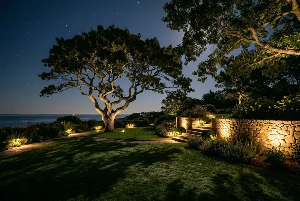 Uplighting and moonlighting layered across a Vineyard garden at night