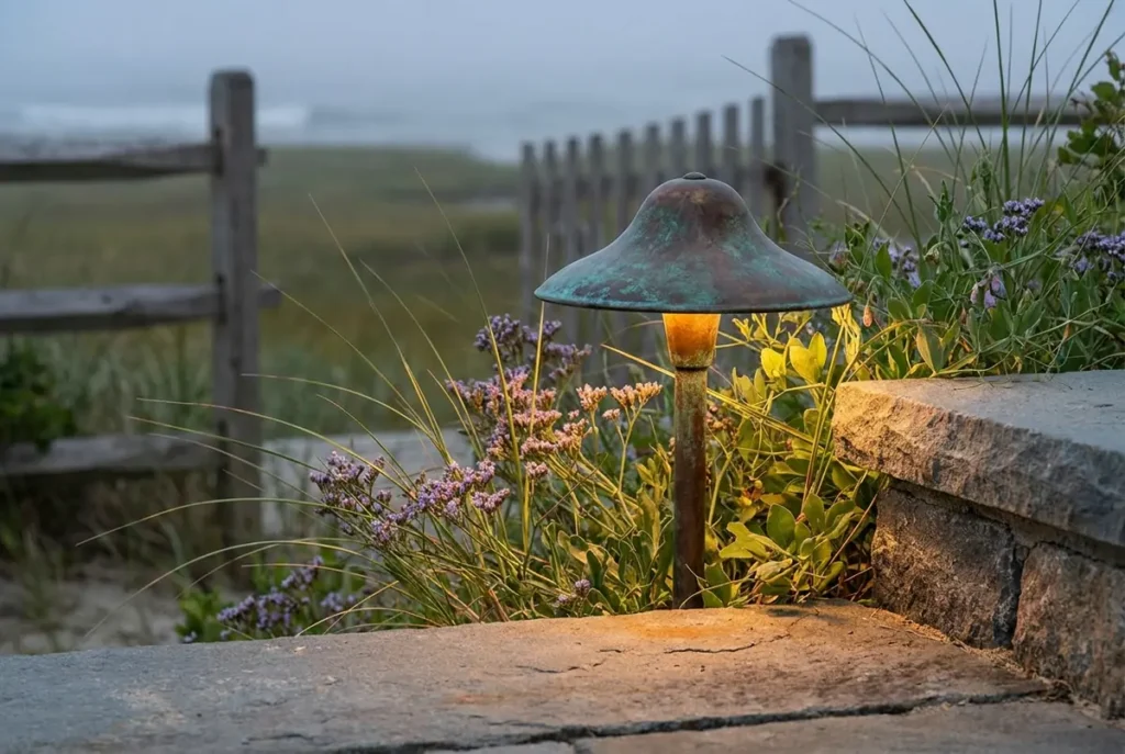 Solid brass path light with warm glow in a coastal garden bed