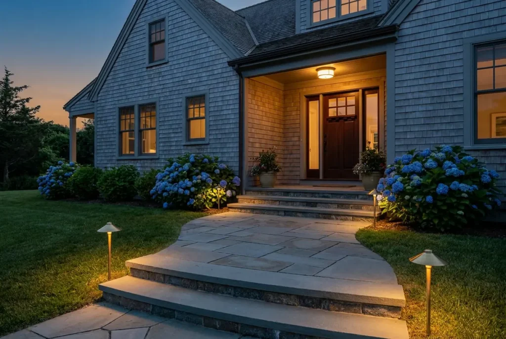 Softly lit bluestone walkway and steps at a Martha's Vineyard entry