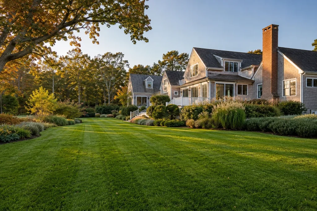 Healthy Martha’s Vineyard lawn after fall aeration and overseeding